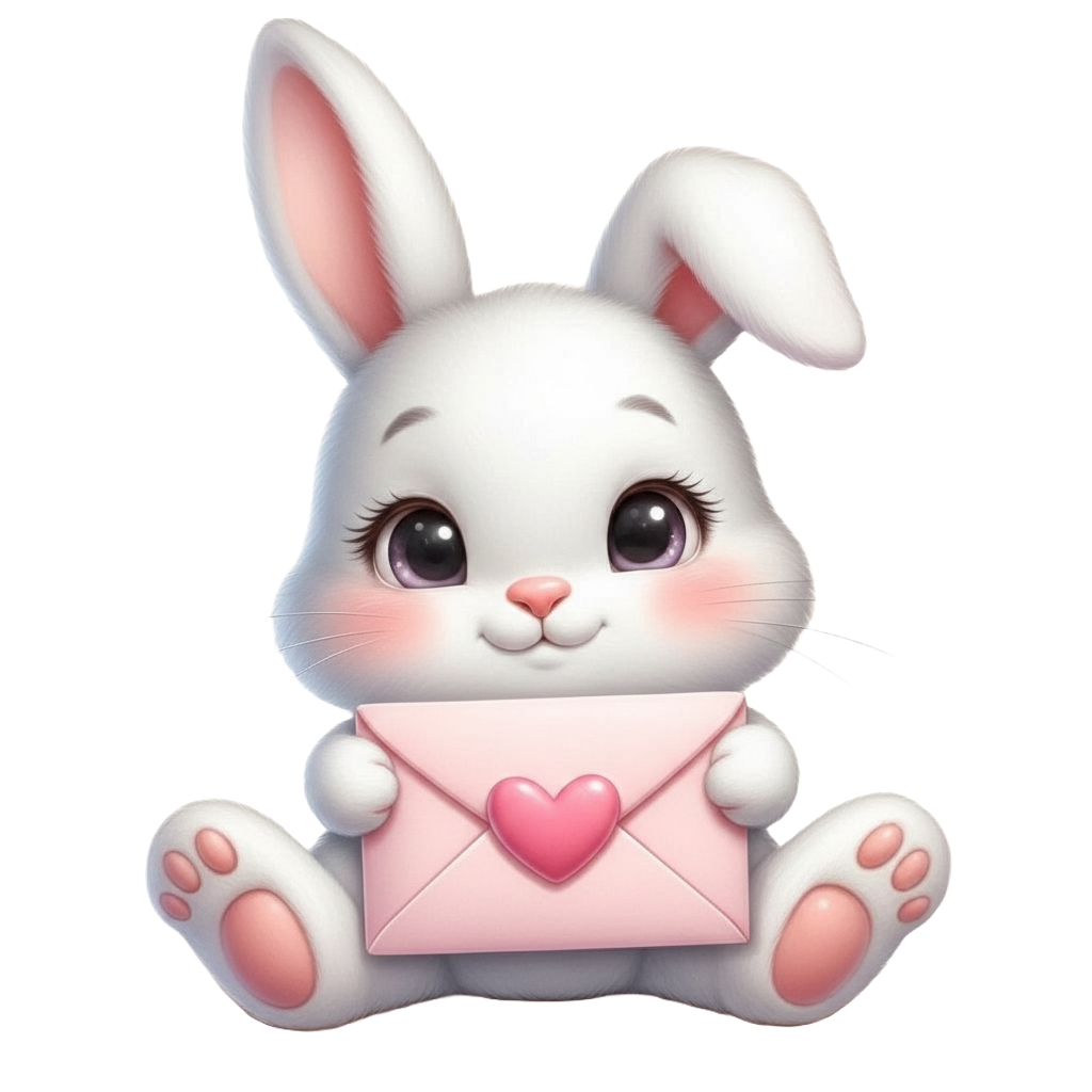 Sevimli beyaz tavşan elinde pembe zarfla